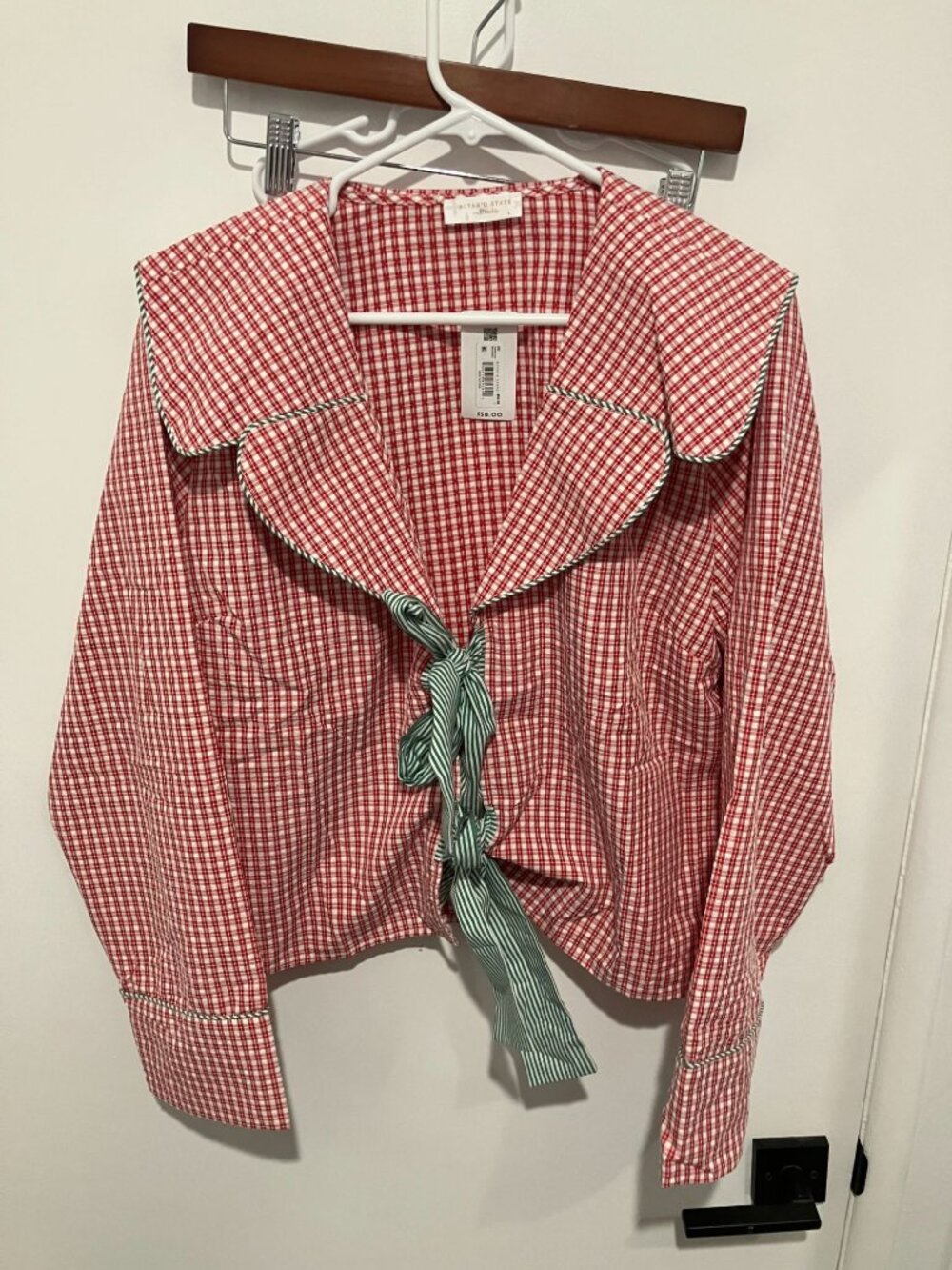 Altar'd State Red Gingham Sailor Collar Tie Front Blouse Shirt Stripe Bow Large